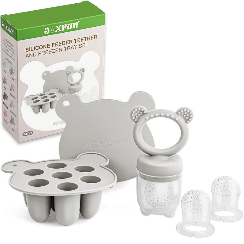 JEXFUN Baby Fruit Food Feeder & Mini Freezer Nibble Tray Combo, Breastmilk Popsicle Molds for Baby Cooling Relief, BPA Free Silicone Feeder for Safe Infant Self Feeding, 4 Month+ (Light Grey) - Image 1